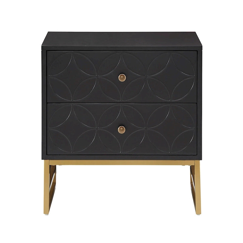 Table d'appoint à 2 tiroirs en métal doré avec motif en losange en arche