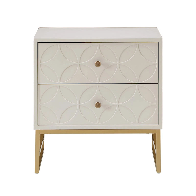 Table d'appoint à 2 tiroirs en métal doré avec motif en losange en arche