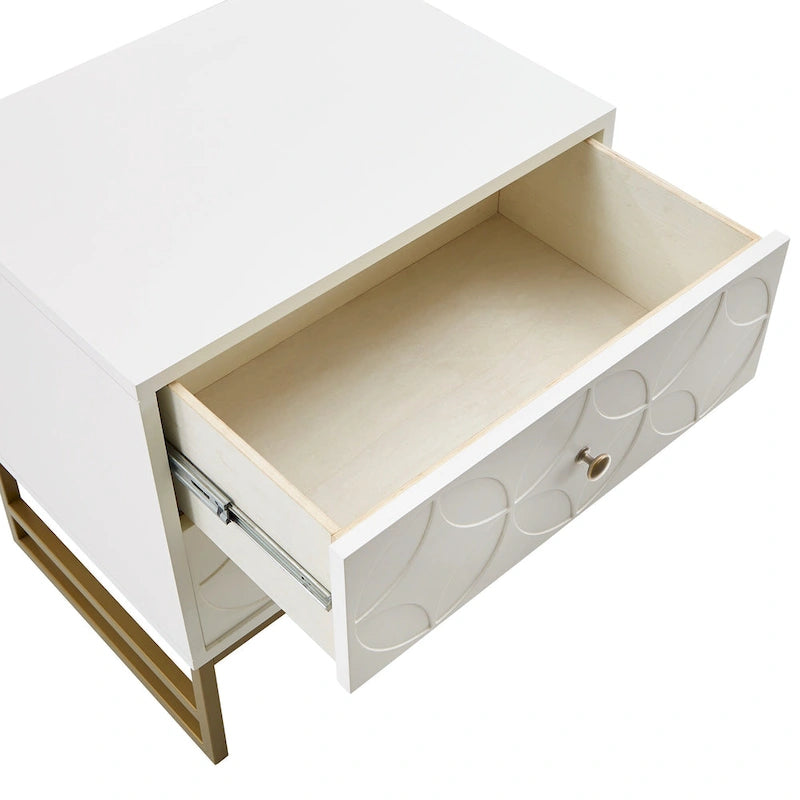 Table d'appoint à 2 tiroirs en métal doré avec motif en losange en arche
