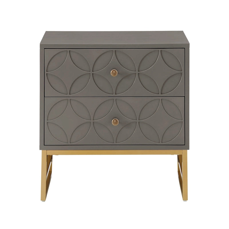 Table d'appoint à 2 tiroirs en métal doré avec motif en losange en arche