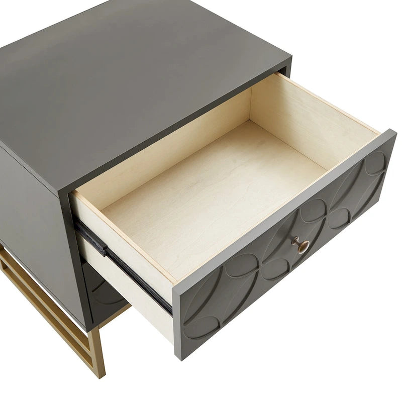 Table d'appoint à 2 tiroirs en métal doré avec motif en losange en arche