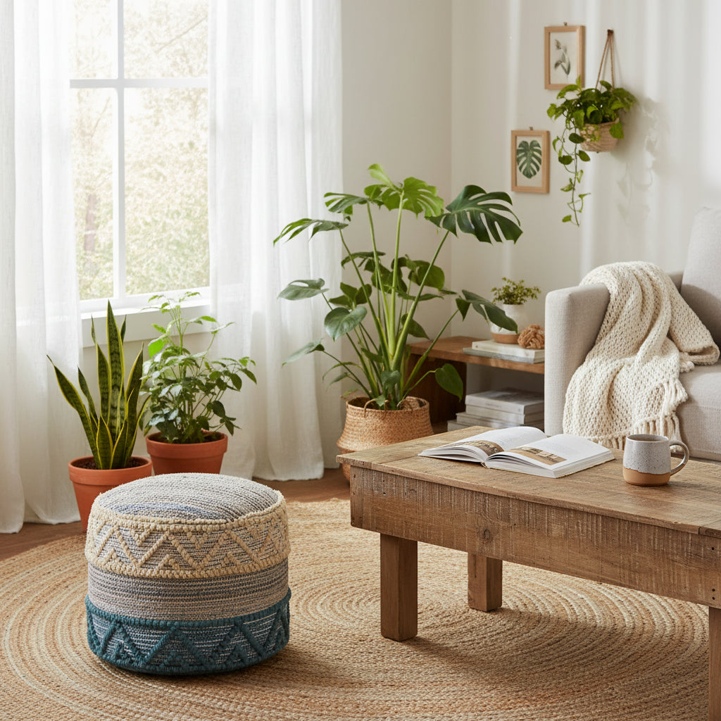 Pouf cylindrique en jute bohème de 45 cm