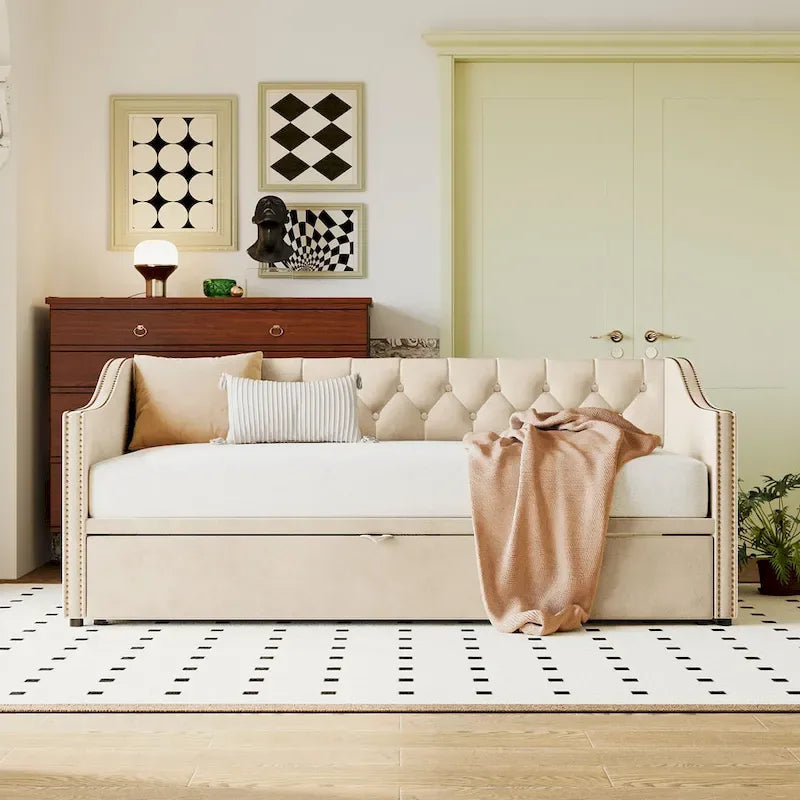 Lit de repos capitonné taille double avec lit gigogne escamotable, Beige