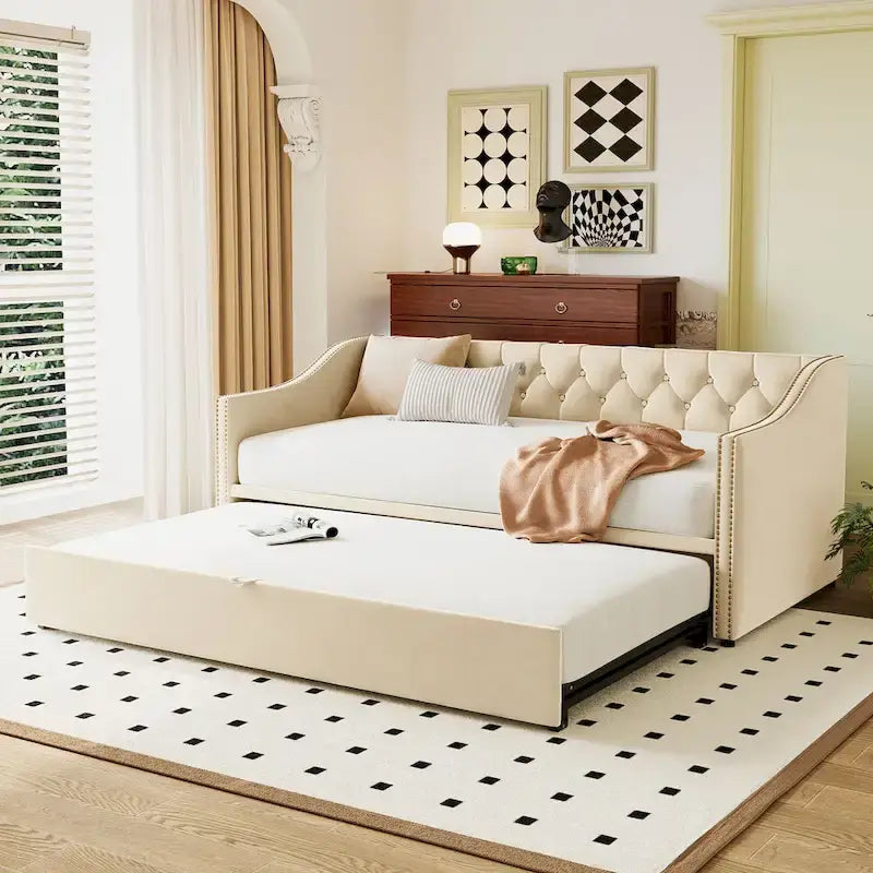 Lit de repos capitonné taille double avec lit gigogne escamotable, Beige