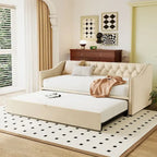 Lit de repos capitonné taille double avec lit gigogne escamotable, Beige