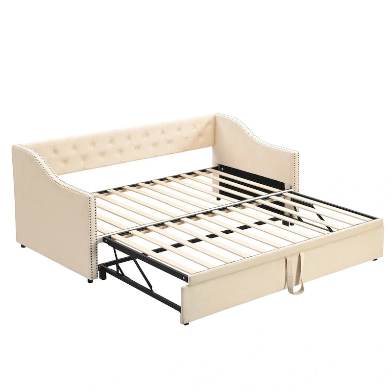 Lit de repos capitonné taille double avec lit gigogne escamotable, Beige