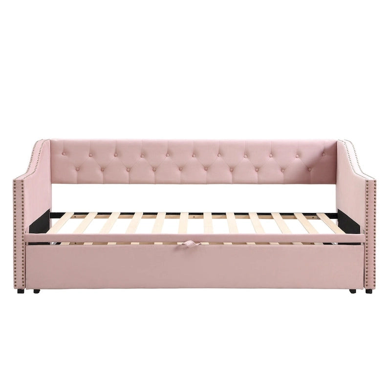Lit de repos capitonné taille double avec lit gigogne escamotable, Beige