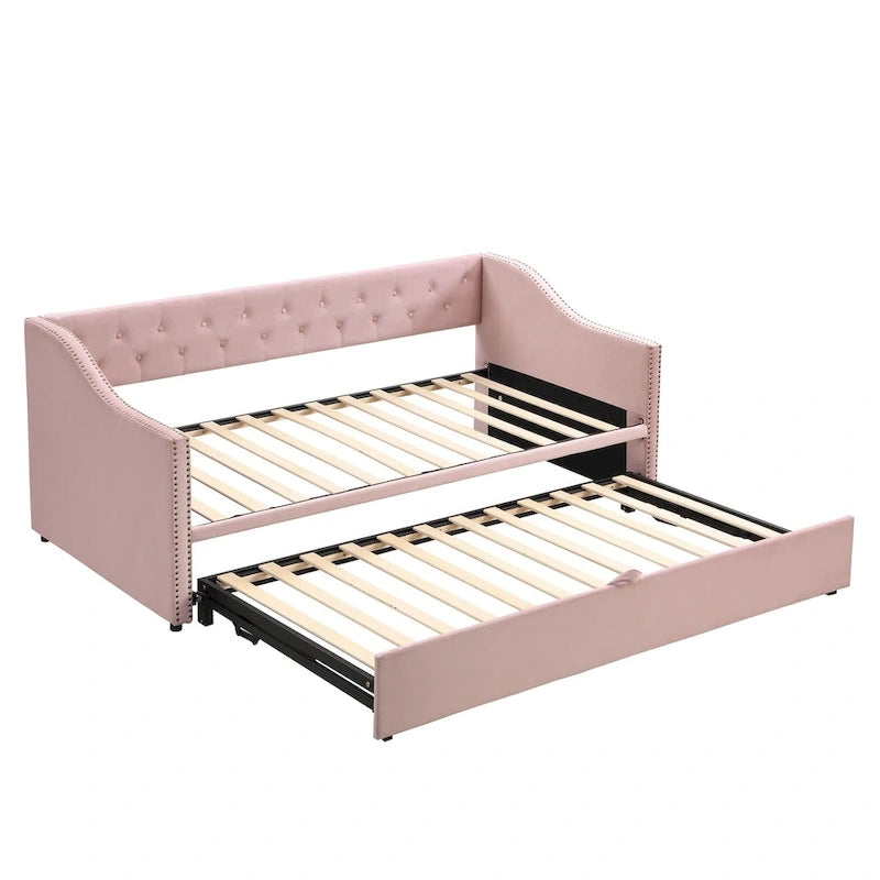 Lit de repos capitonné taille double avec lit gigogne escamotable, Beige