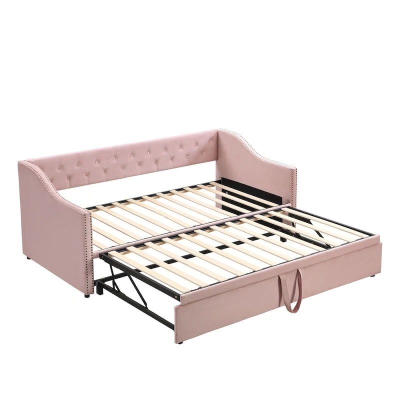 Lit de repos capitonné taille double avec lit gigogne escamotable, Beige