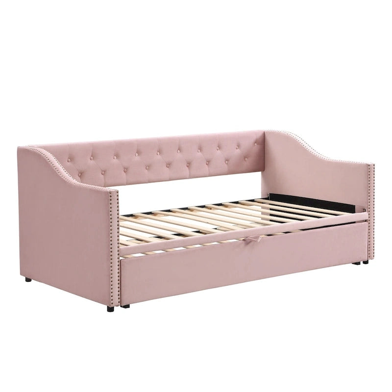 Lit de repos capitonné taille double avec lit gigogne escamotable, Beige