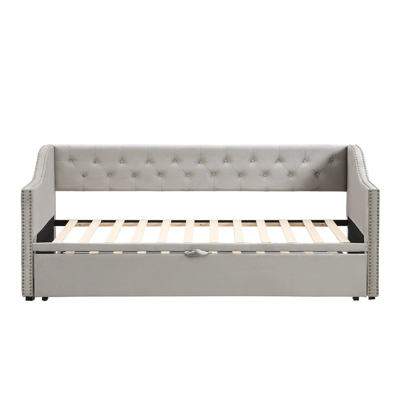 Lit de repos capitonné taille double avec lit gigogne escamotable, Beige