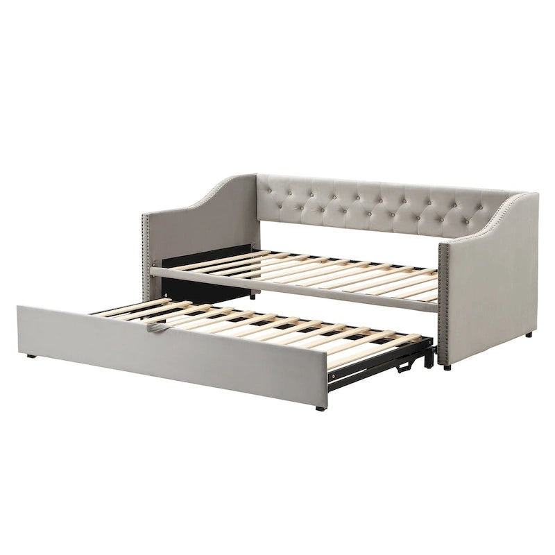 Lit de repos capitonné taille double avec lit gigogne escamotable, Beige