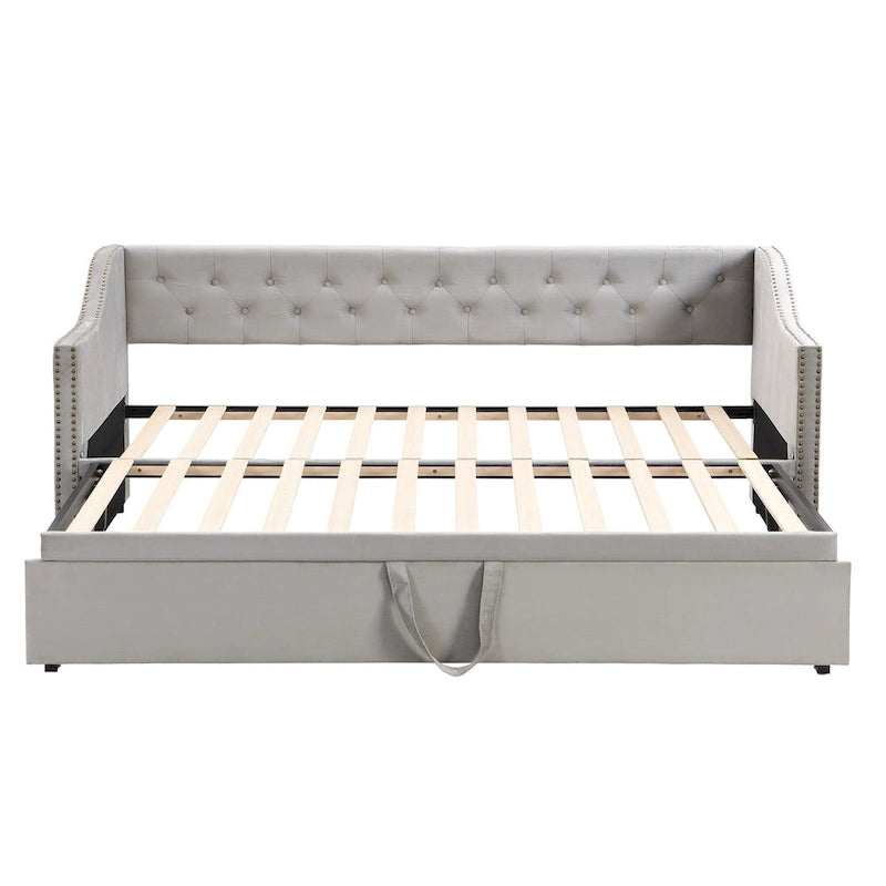 Lit de repos capitonné taille double avec lit gigogne escamotable, Beige
