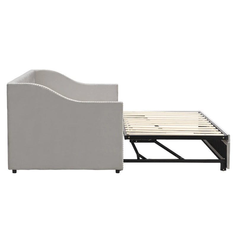 Lit de repos capitonné taille double avec lit gigogne escamotable, Beige