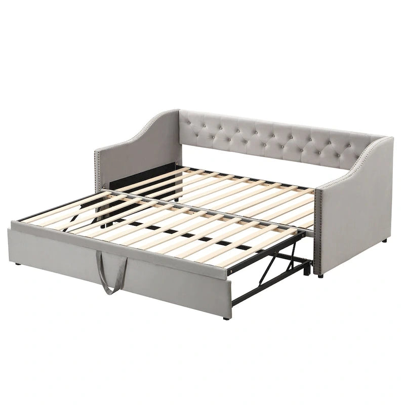 Lit de repos capitonné taille double avec lit gigogne escamotable, Beige