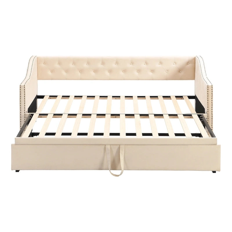 Lit de repos capitonné taille double avec lit gigogne escamotable, Beige