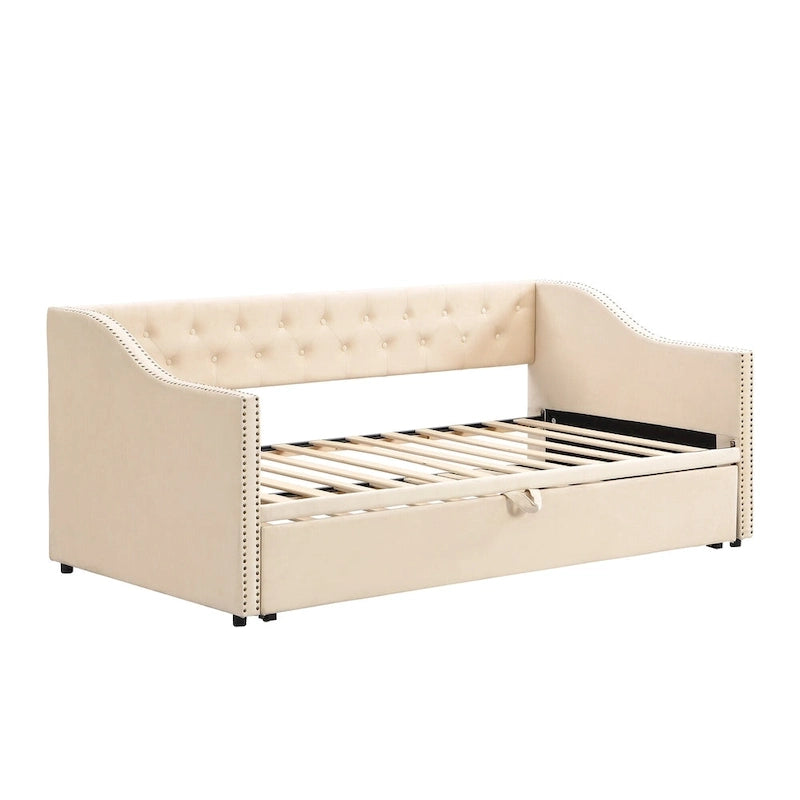 Lit de repos capitonné taille double avec lit gigogne escamotable, Beige