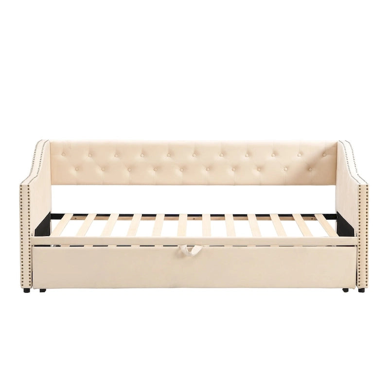 Lit de repos capitonné taille double avec lit gigogne escamotable, Beige