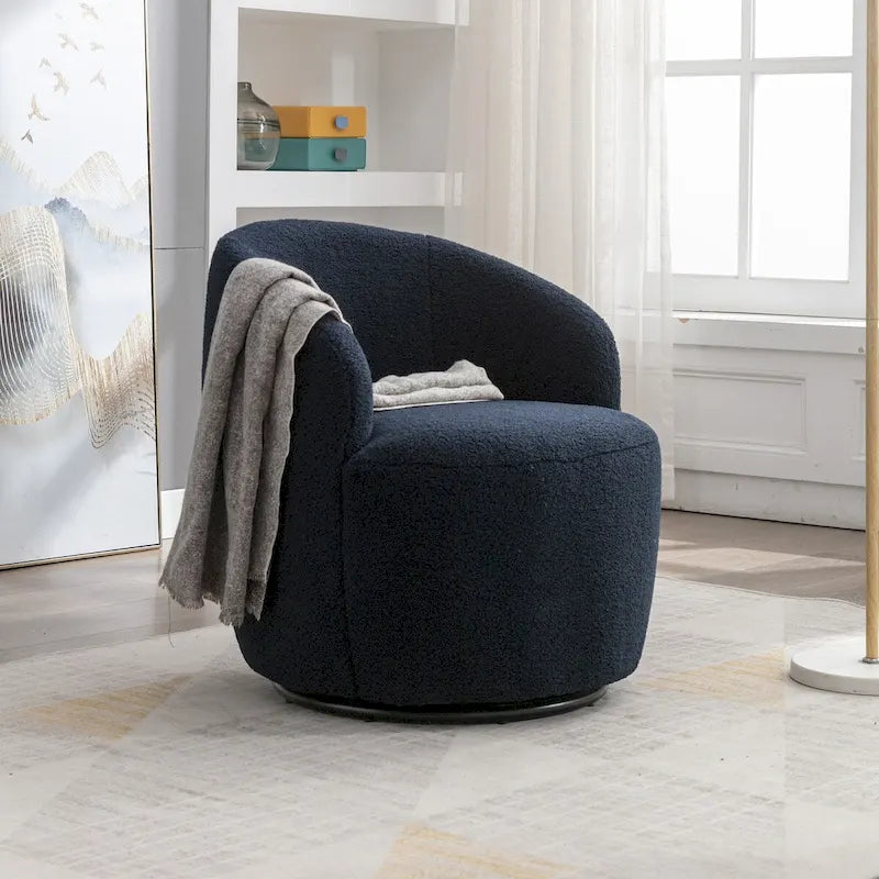 Fauteuil pivotant d'appoint en tissu Teddy, fauteuil club rembourré avec piètement pivotant rond en métal noir.