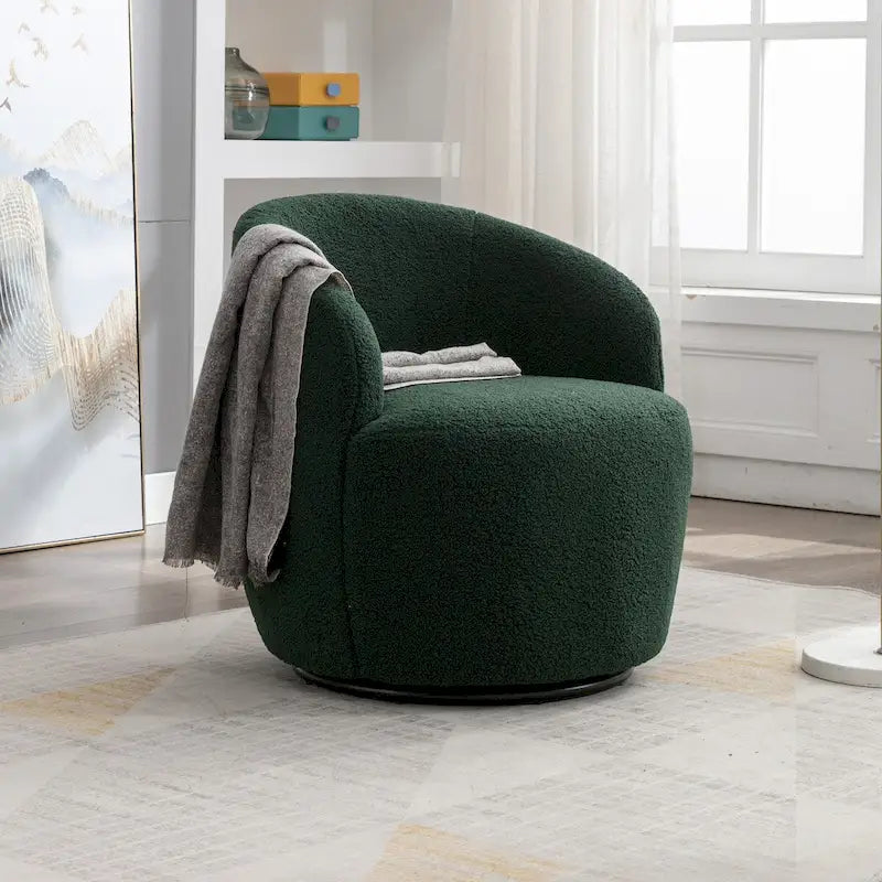 Fauteuil pivotant d'appoint en tissu Teddy, fauteuil club rembourré avec piètement pivotant rond en métal noir.