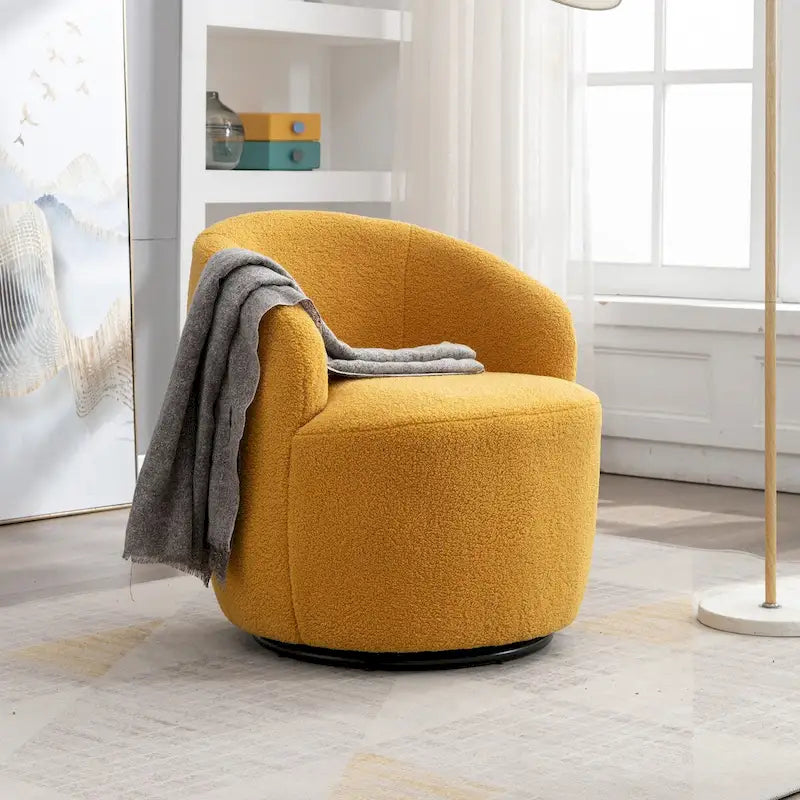 Fauteuil pivotant d'appoint en tissu Teddy, fauteuil club rembourré avec piètement pivotant rond en métal noir.