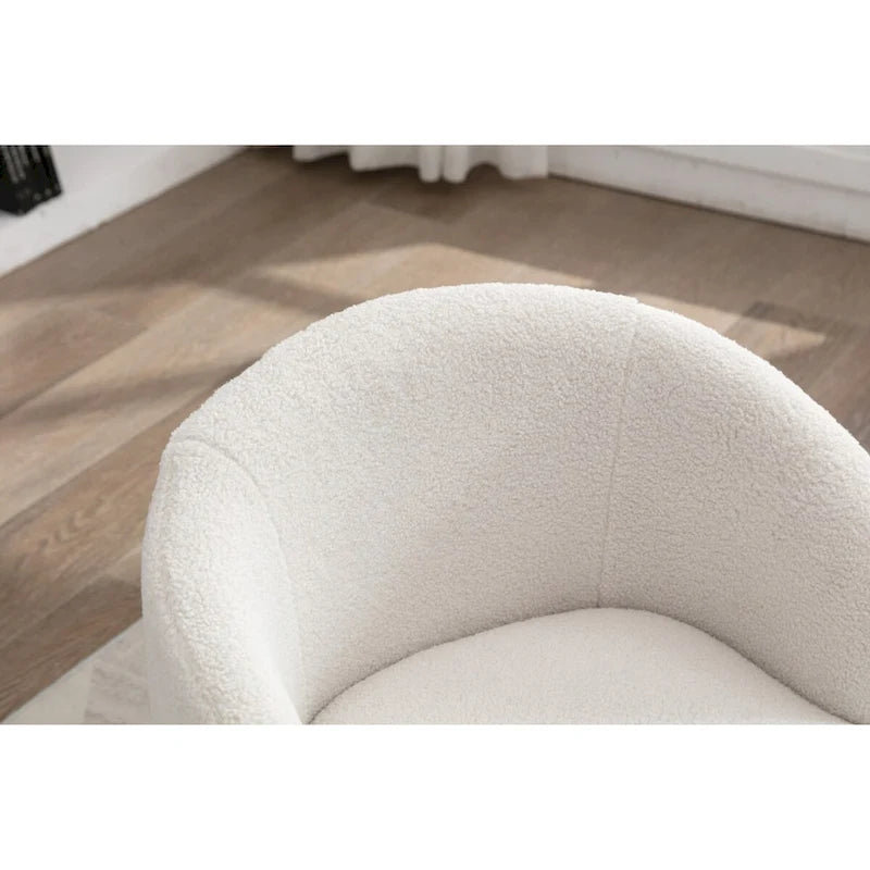 Fauteuil pivotant d'appoint en tissu Teddy, fauteuil club rembourré avec piètement pivotant rond en métal noir.