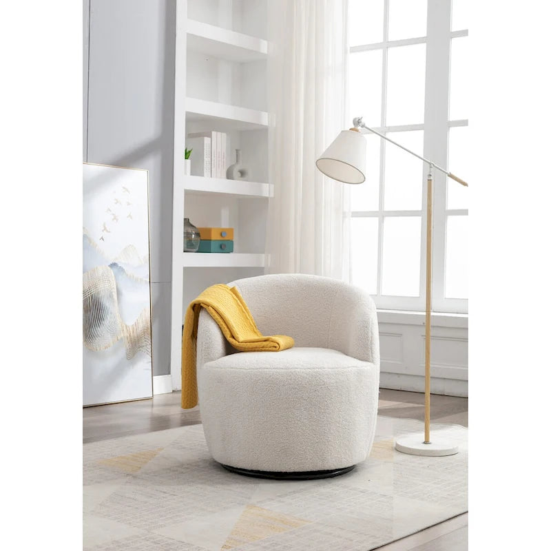 Fauteuil pivotant d'appoint en tissu Teddy, fauteuil club rembourré avec piètement pivotant rond en métal noir.