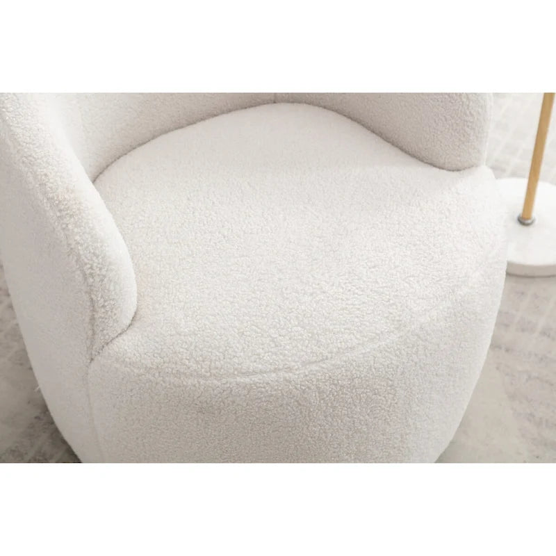 Fauteuil pivotant d'appoint en tissu Teddy, fauteuil club rembourré avec piètement pivotant rond en métal noir.