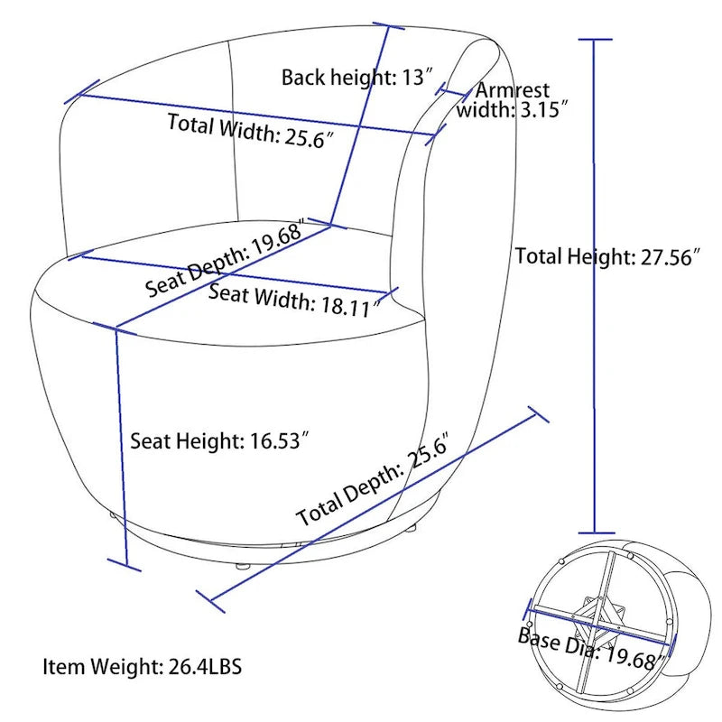 Fauteuil pivotant d'appoint en tissu Teddy, fauteuil club rembourré avec piètement pivotant rond en métal noir.