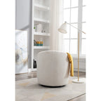 Fauteuil pivotant d'appoint en tissu Teddy, fauteuil club rembourré avec piètement pivotant rond en métal noir.