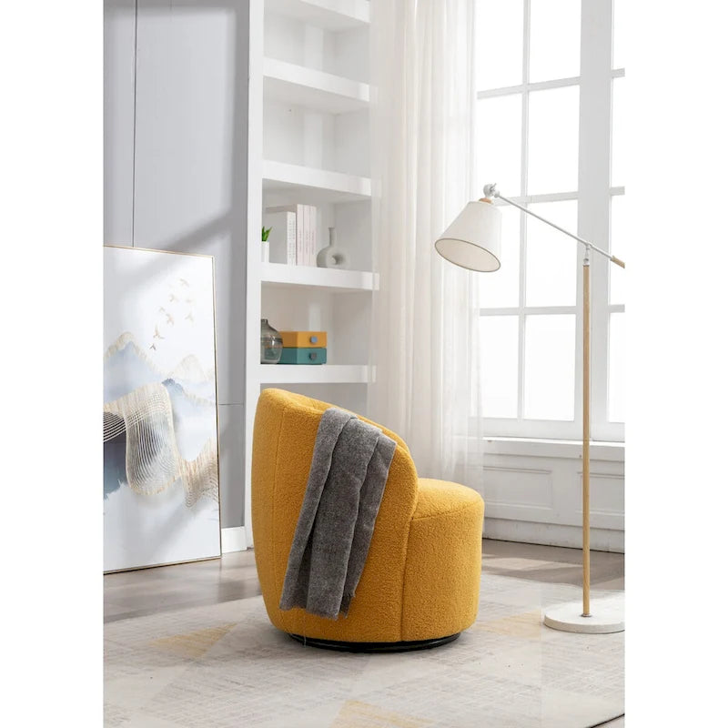 Fauteuil pivotant d'appoint en tissu Teddy, fauteuil club rembourré avec piètement pivotant rond en métal noir.