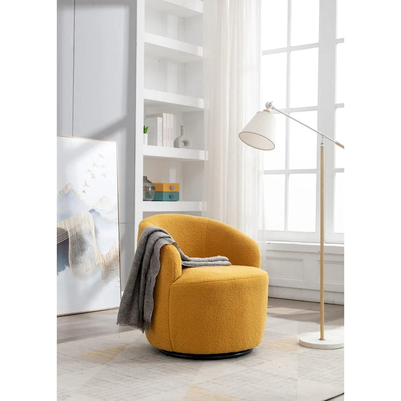 Fauteuil pivotant d'appoint en tissu Teddy, fauteuil club rembourré avec piètement pivotant rond en métal noir.