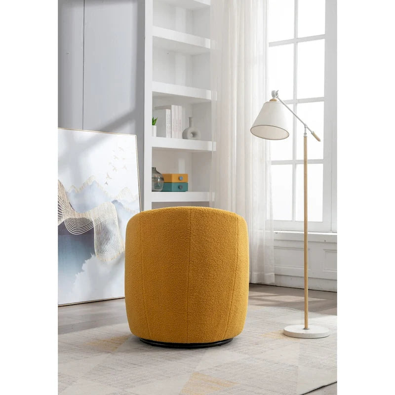 Fauteuil pivotant d'appoint en tissu Teddy, fauteuil club rembourré avec piètement pivotant rond en métal noir.