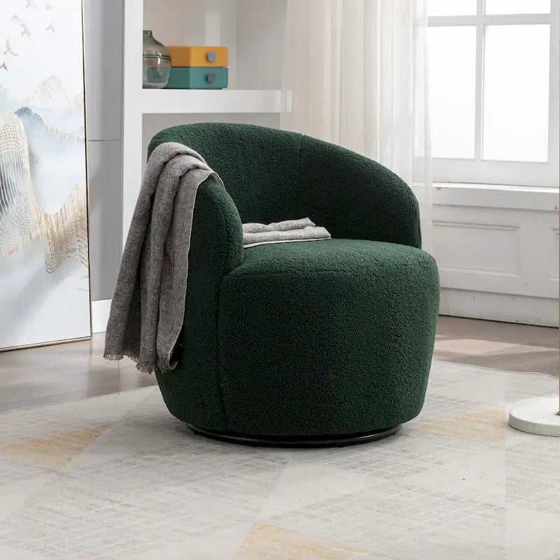 Fauteuil pivotant d'appoint en tissu Teddy, fauteuil club rembourré avec piètement pivotant rond en métal noir.