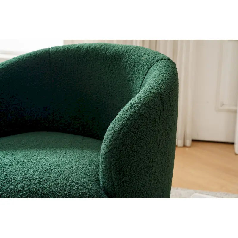 Fauteuil pivotant d'appoint en tissu Teddy, fauteuil club rembourré avec piètement pivotant rond en métal noir.