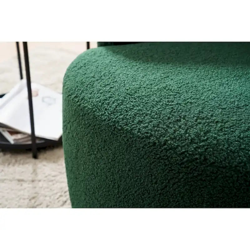 Fauteuil pivotant d'appoint en tissu Teddy, fauteuil club rembourré avec piètement pivotant rond en métal noir.