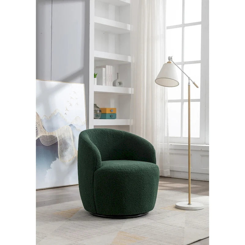 Fauteuil pivotant d'appoint en tissu Teddy, fauteuil club rembourré avec piètement pivotant rond en métal noir.