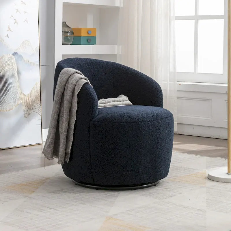 Fauteuil pivotant d'appoint en tissu Teddy, fauteuil club rembourré avec piètement pivotant rond en métal noir.