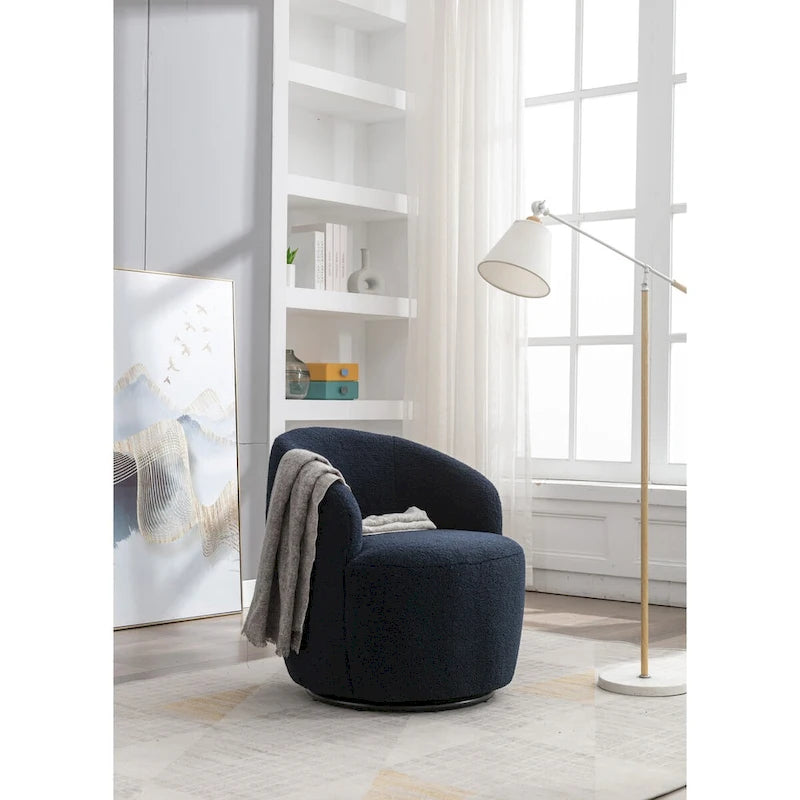 Fauteuil pivotant d'appoint en tissu Teddy, fauteuil club rembourré avec piètement pivotant rond en métal noir.
