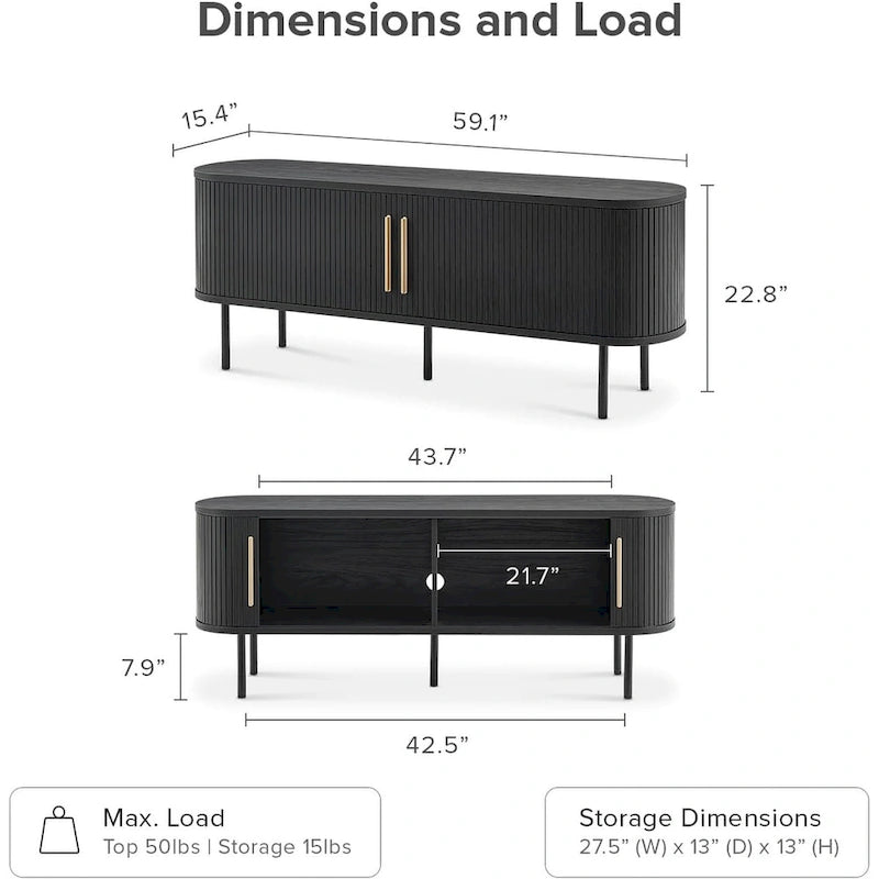 Meuble TV 59 po, meuble de divertissement cannelé