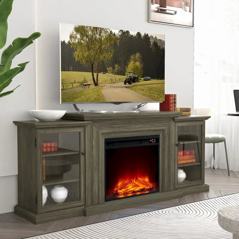 Meuble TV de style rustique avec cheminée – 70 po de largeur – Convient aux téléviseurs jusqu'à 70 po – 71 larg. x 30 haut. x 15,5 prof. (po)