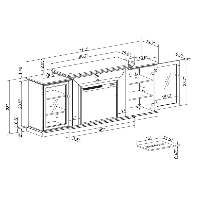 Meuble TV de style rustique avec cheminée – 70 po de largeur – Convient aux téléviseurs jusqu'à 70 po – 71 larg. x 30 haut. x 15,5 prof. (po)