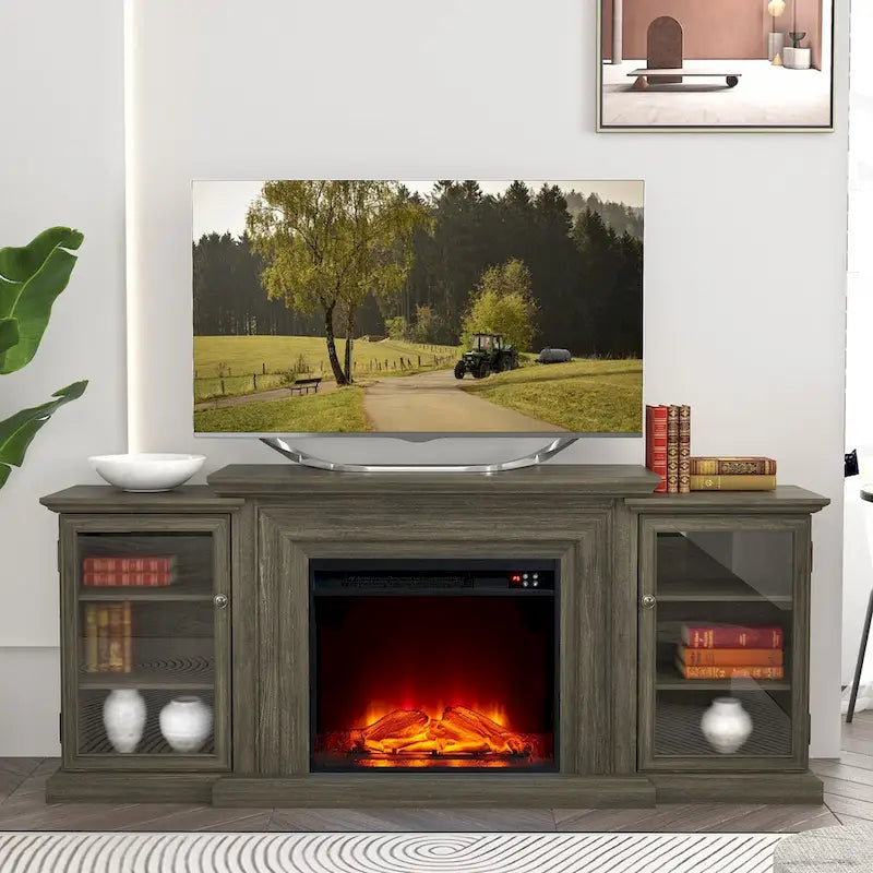 Meuble TV de style rustique avec cheminée – 70 po de largeur – Convient aux téléviseurs jusqu'à 70 po – 71 larg. x 30 haut. x 15,5 prof. (po)