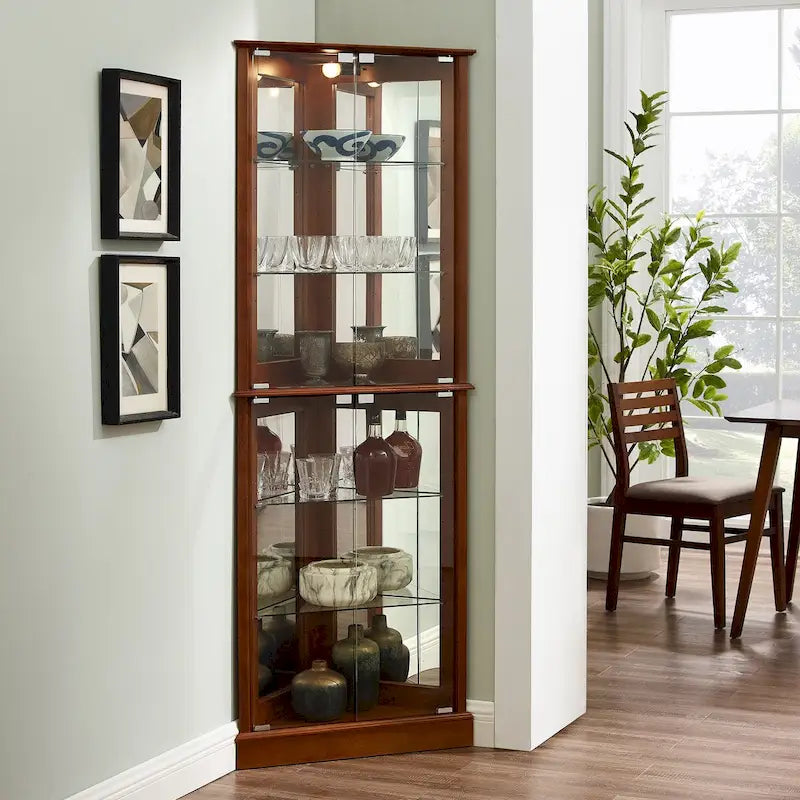 Vitrine d'angle avec lumières, étagères réglables en verre trempé, fond miroir
