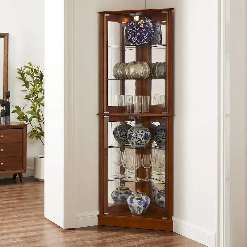 Vitrine d'angle avec lumières, étagères réglables en verre trempé, fond miroir