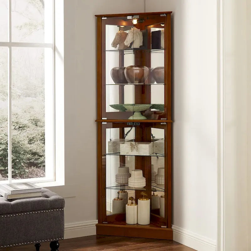 Vitrine d'angle avec lumières, étagères réglables en verre trempé, fond miroir