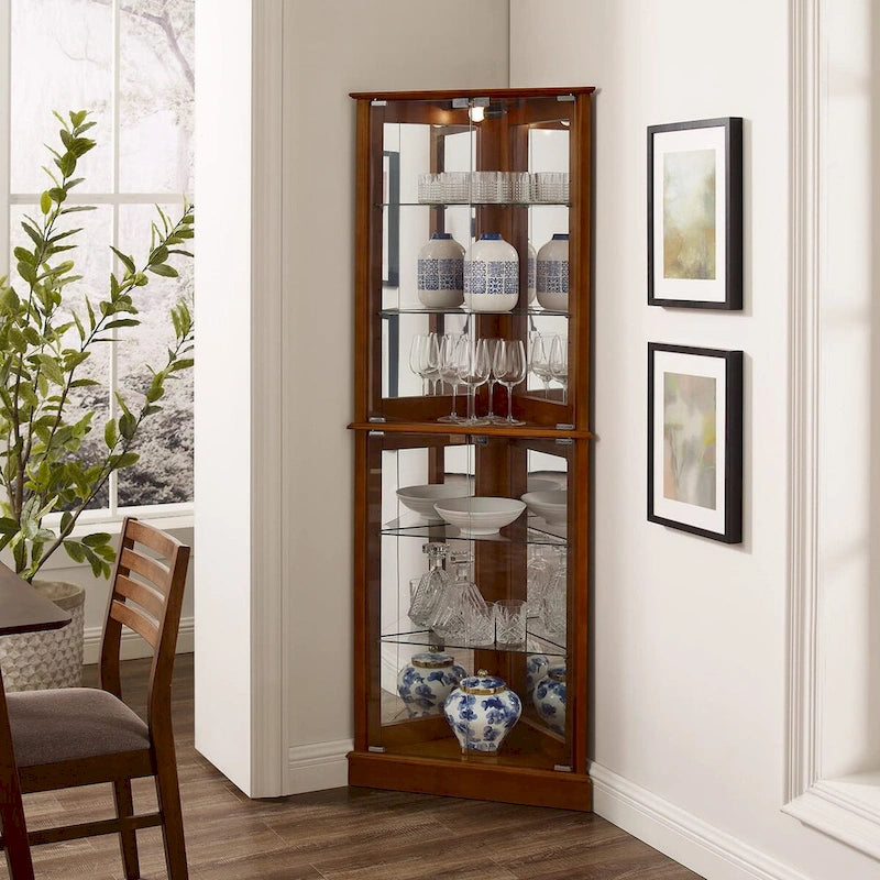 Vitrine d'angle avec lumières, étagères réglables en verre trempé, fond miroir