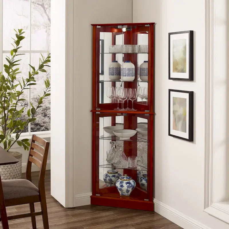 Vitrine d'angle avec lumières, étagères réglables en verre trempé, fond miroir