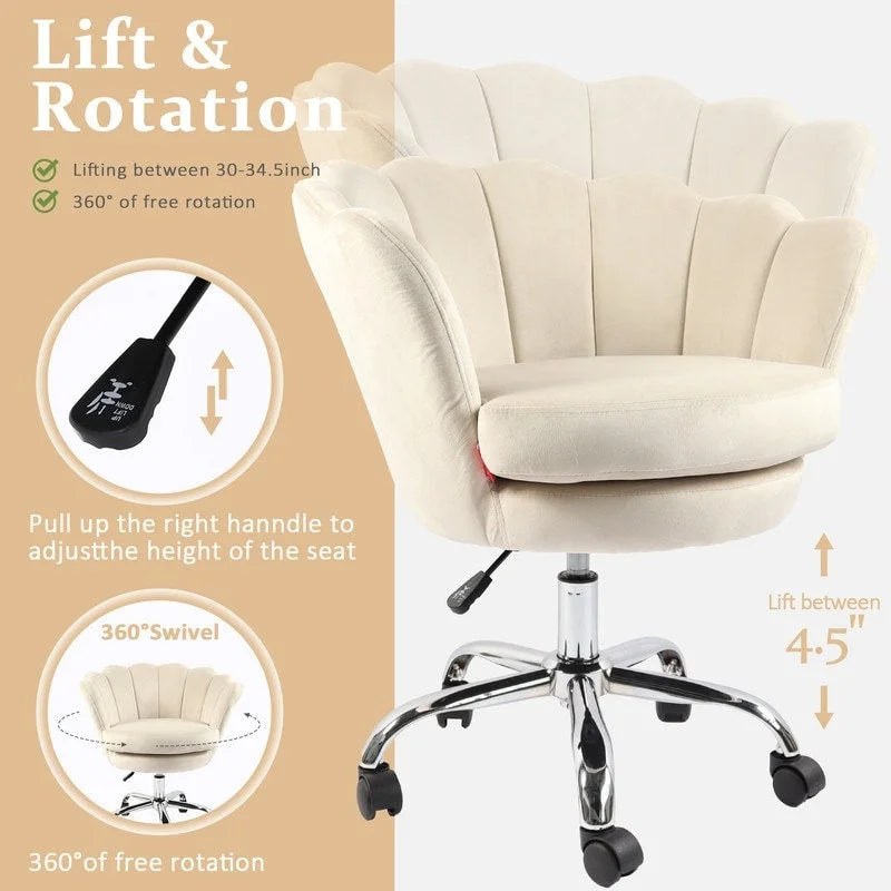 Fauteuil d'appoint pivotant, Chaise de coiffeuse, Chaise de bureau à roulettes, Hauteur réglable, Rose/Gris/Blanc